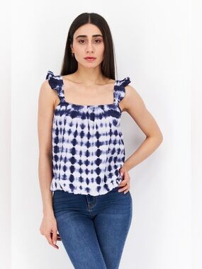Tie-Dye Navy and White Ruffle Strap Tank Top